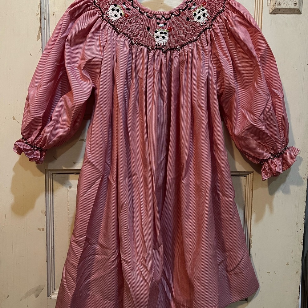 Red striped Smocked Dress with cow Embroidery